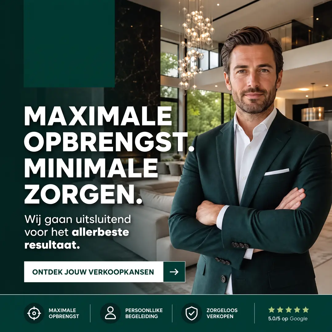 Meta-advertentie met een makelaar en de belofte maximale opbrengst en minimale zorgen