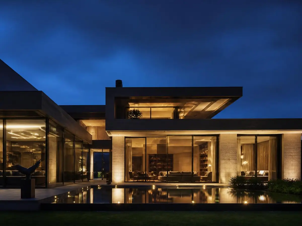 Moderne luxevilla in de schemering met verlichte glasgevels