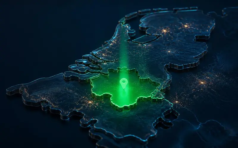 Kaart van België en Nederland met één exclusief toegewezen regio verlicht