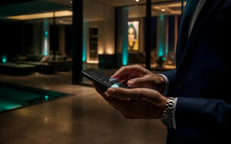 Makelaar bekijkt binnenkomende aanvragen op smartphone in een luxe woning