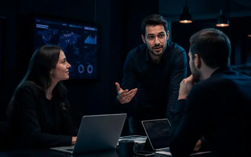 Nederlandstalig strategieteam in overleg op kantoor